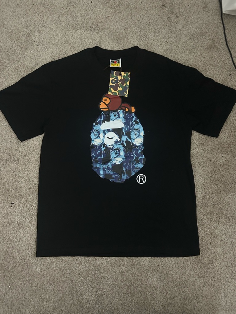 Bape Black Tee with Blue Camo Ape Head and Orange Baby Milo
